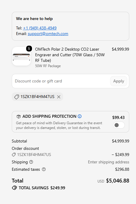 OMTech checkout on September 20, 2026 showing code 1SZK1BF4HM47US taking $249.99 off an OMTech Polar 2 50W RF laser engraver priced at $4,999.99.