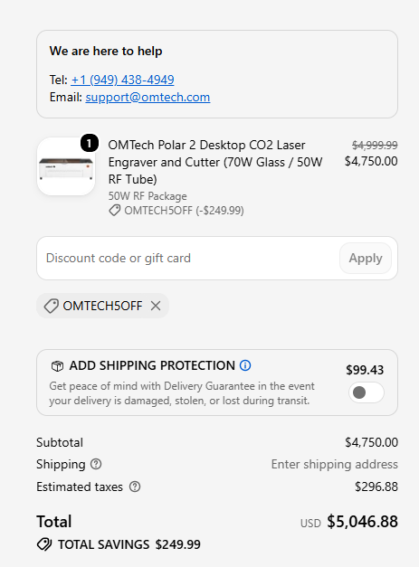 OMTech checkout on September 20, 2026 showing code OMTECH5OFF taking $249.99 off an OMTech Polar 2 50W RF laser engraver, dropping the price from $4,999.99 to $4,750.00.