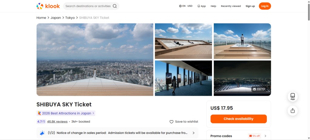 Shibuya Sky ticket listing on Klook, 25 October 2026