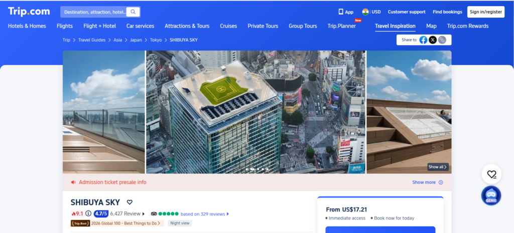 Shibuya Sky ticket listing on Trip.com, 25 October 2026