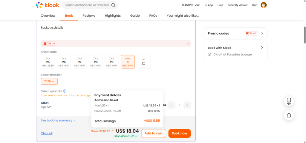 Klook checkout with promo code applied, $18.99 reduced to $18.04
